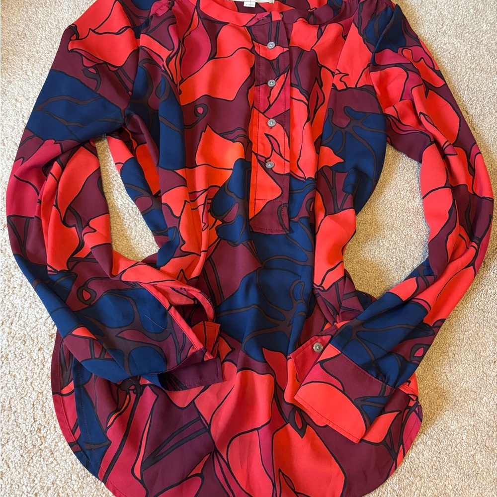 LOFT Red and Blue Graphic Button Down Blouse